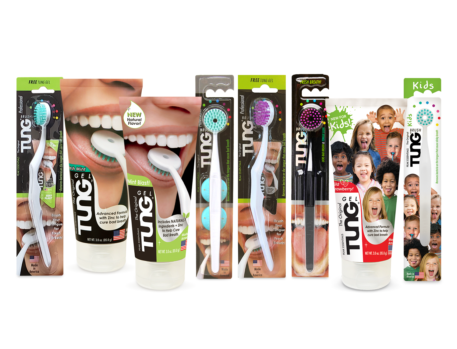 Entire product line of TUNG tongue brushes and gels, including the new kid's tongue cleaning products