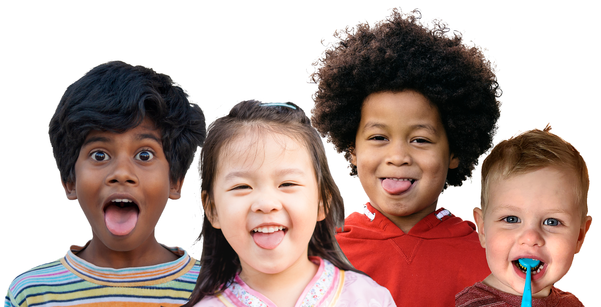 Mixed race group of children showing off clean tongues after brushing